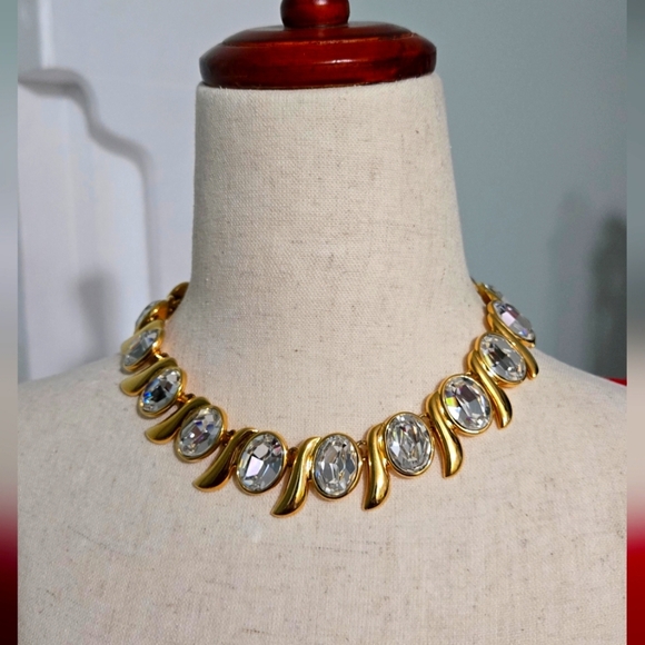 Napier Gold plated Necklace with Clear Crystals Hollywood runway deco vtg 1990s - Picture 1 of 17